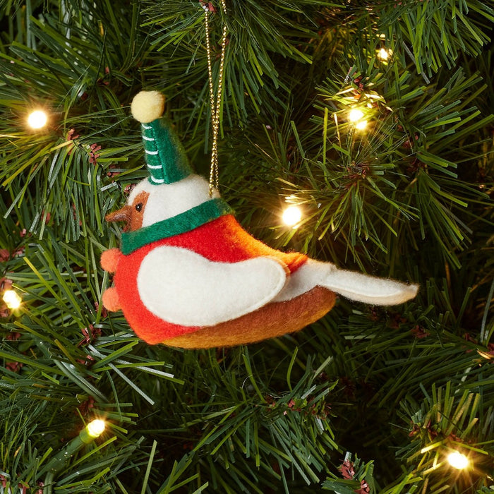 Featherly Friends Fabric Bird Wearing Striped Hat Christmas Tree Ornament Green/Red - Wondershop