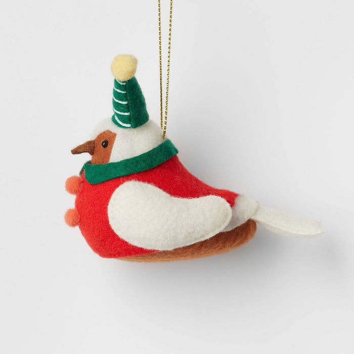 Featherly Friends Fabric Bird Wearing Striped Hat Christmas Tree Ornament Green/Red - Wondershop