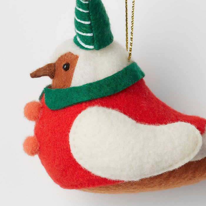 Featherly Friends Fabric Bird Wearing Striped Hat Christmas Tree Ornament Green/Red - Wondershop