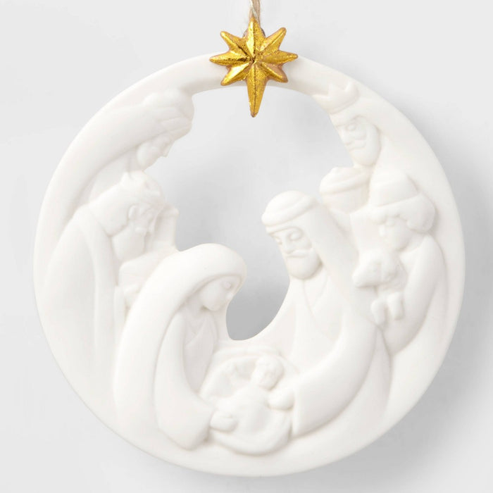 Ceramic Nativity Christmas Tree Ornament White/Gold - Wondershop