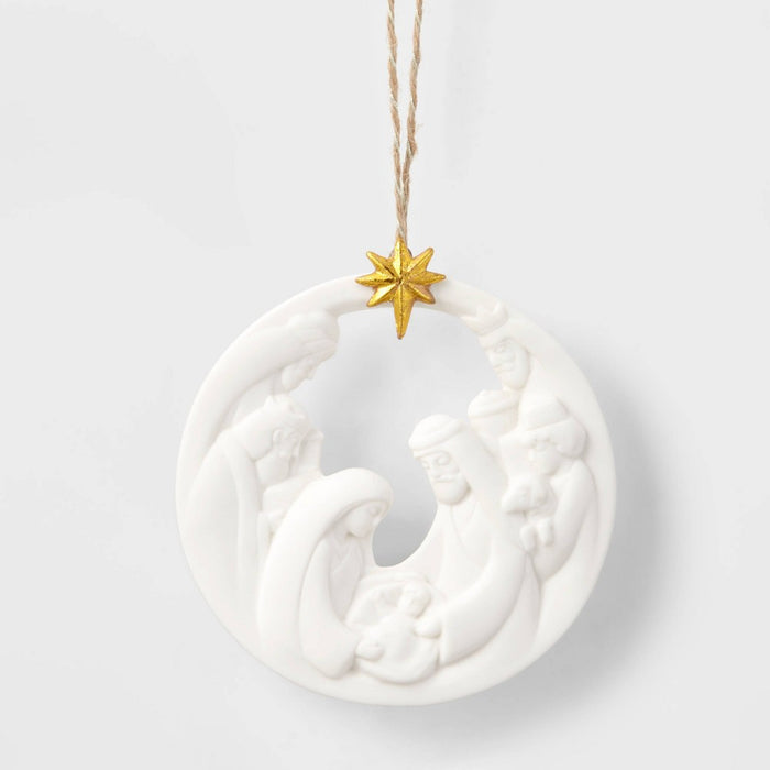 Ceramic Nativity Christmas Tree Ornament White/Gold - Wondershop