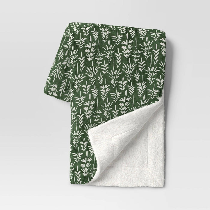 Trees Printed Plush with Faux Shearling Reverse Throw Blanket Green/White - Threshold