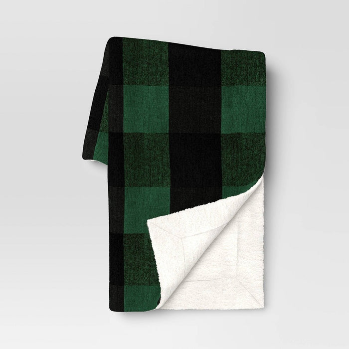 Reversible Woven Chenille and Faux Shearling Buffalo Check Throw Blanket Green/Black - Threshold
