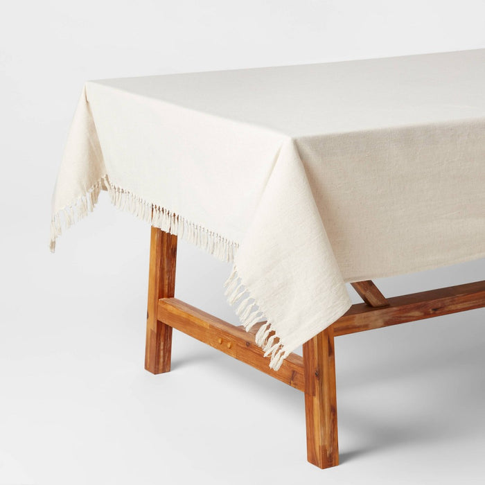 60" x 84" Cotton Slub Tablecloth with Tied Fringe Light Beige - Threshold