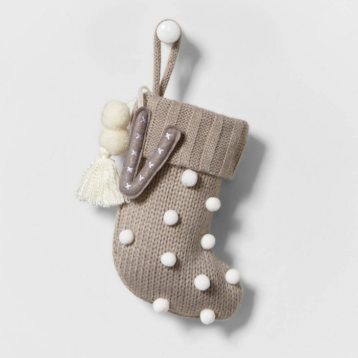 Mini Knit Monogram Christmas Stocking with Poms Gray V - Wondershop