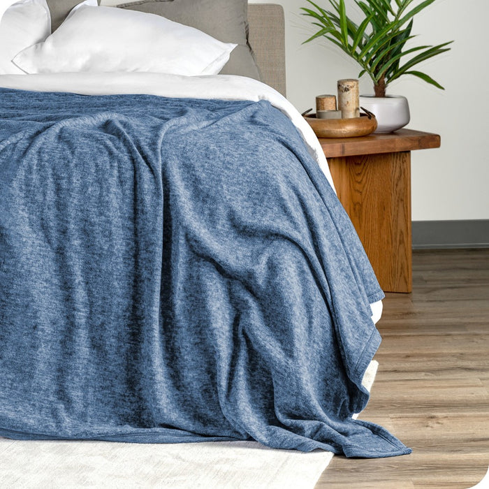 Heather Dark Blue Full/Queen Lightweight Polar Fleece Blanket by Bare Home