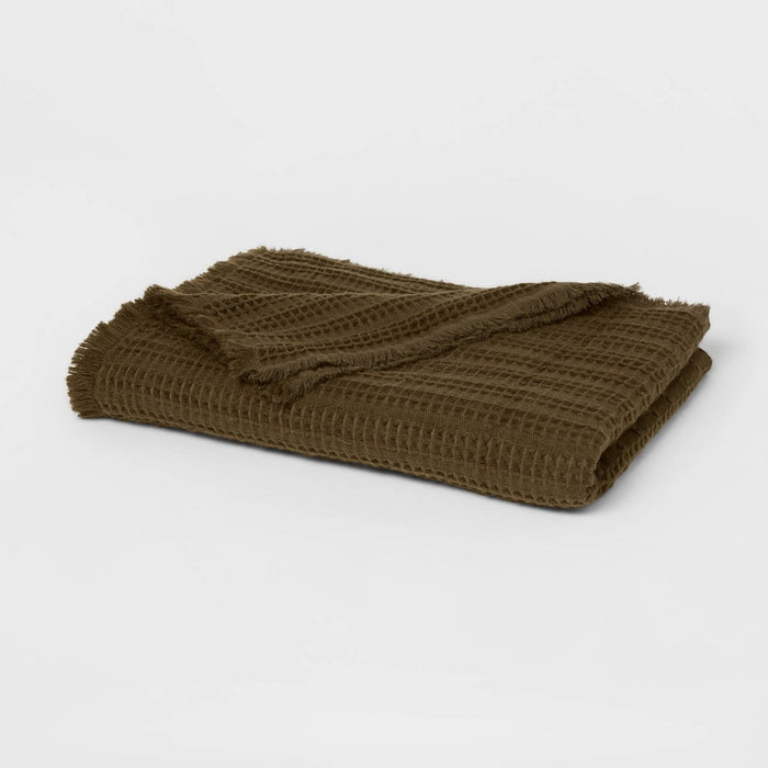 60"x80" Waffle Weave Fringed Bed Throw Green - Threshold