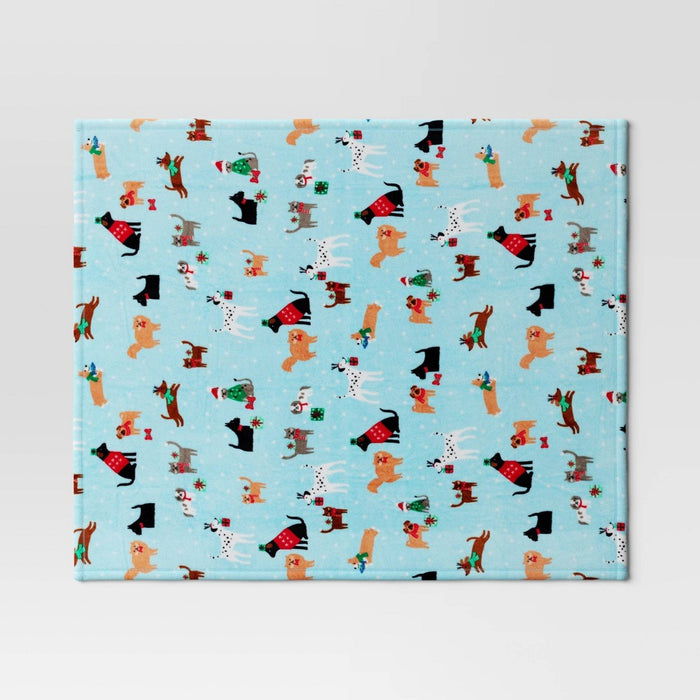 Dog and Cat Holiday Plush Christmas Throw Blanket Blue - Wondershop