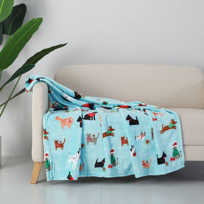 Dog and Cat Holiday Plush Christmas Throw Blanket Blue - Wondershop