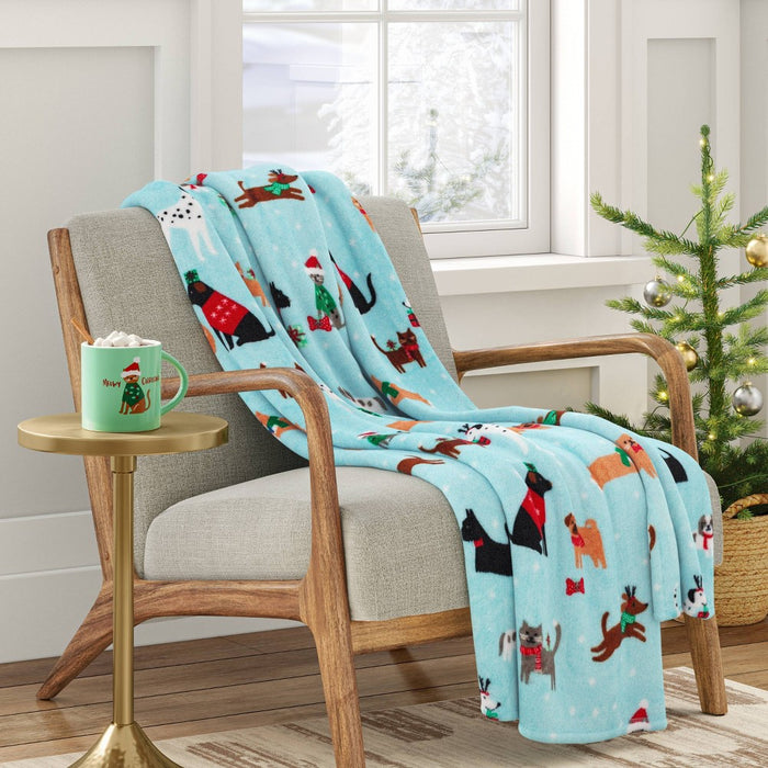 Dog and Cat Holiday Plush Christmas Throw Blanket Blue - Wondershop