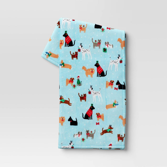 Dog and Cat Holiday Plush Christmas Throw Blanket Blue - Wondershop