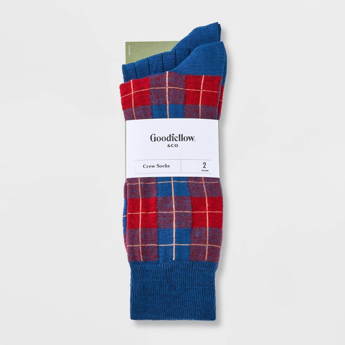 Men's Plaid Novelty Crew Socks 2pk - Goodfellow & Co Red/Blue 7-12