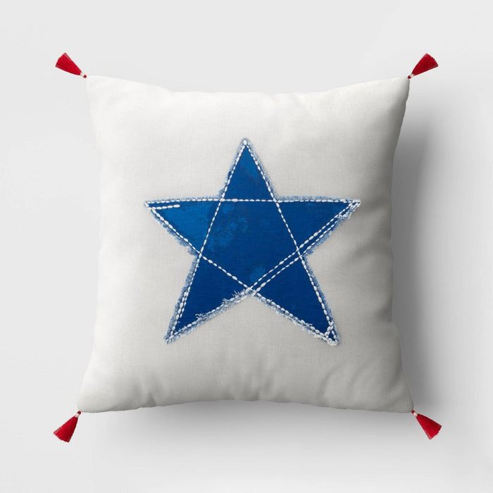 Applique Star with Corner Tassels Square Throw Pillow Ivory/Blue - Threshold
