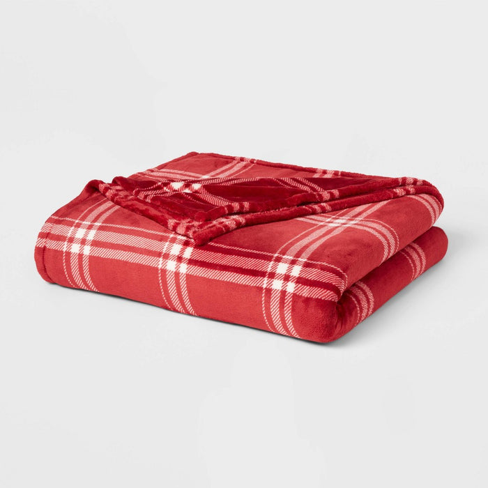 Full/Queen Christmas Microplush Bed Blanket Red Plaid - Threshold