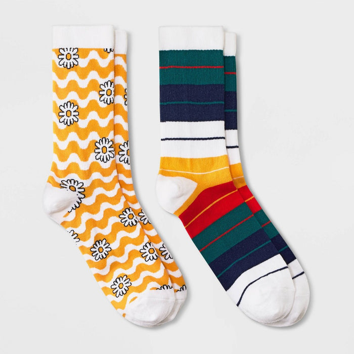 Men's Daisy/Striped Crew Socks 2pk - Original Use Yellow/White 6-12