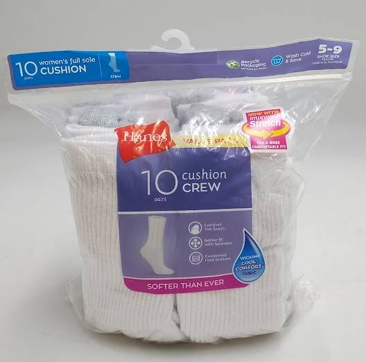 Hanes Women's 10pk Cushioned Crew Athletic Socks - White 5-9
