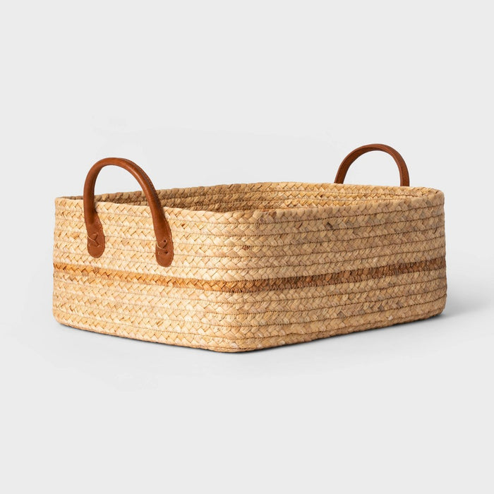 Braided Water Hyacinth Folio Basket with Faux Leather Handles - Threshold