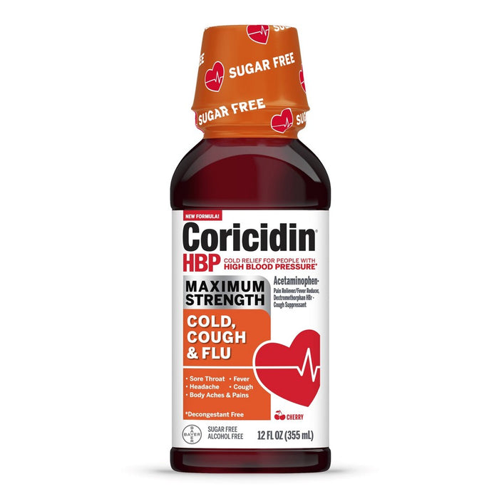 Coricidin High Blood Pressure Max Strength Cough Cold Flu Liquid Cherry - 12 fl oz