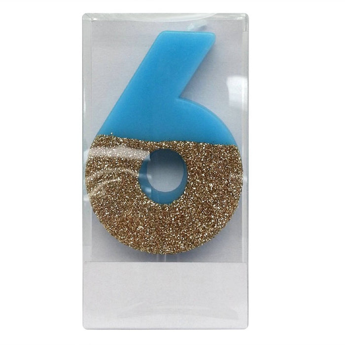 Number 6 Glitter Candle Blue/Gold - Spritz