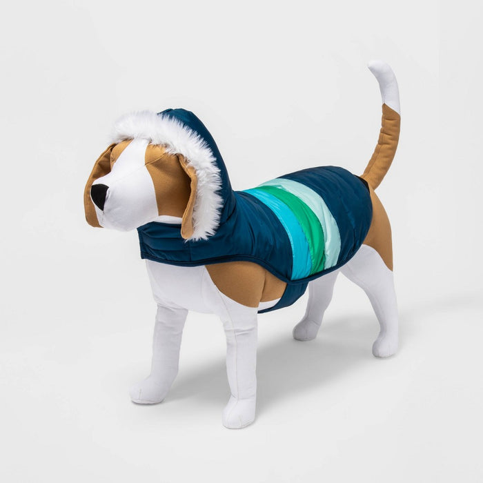 Hooded Stripe Holiday Dog and Cat Puffer Vest - Blue - S - Wondershop