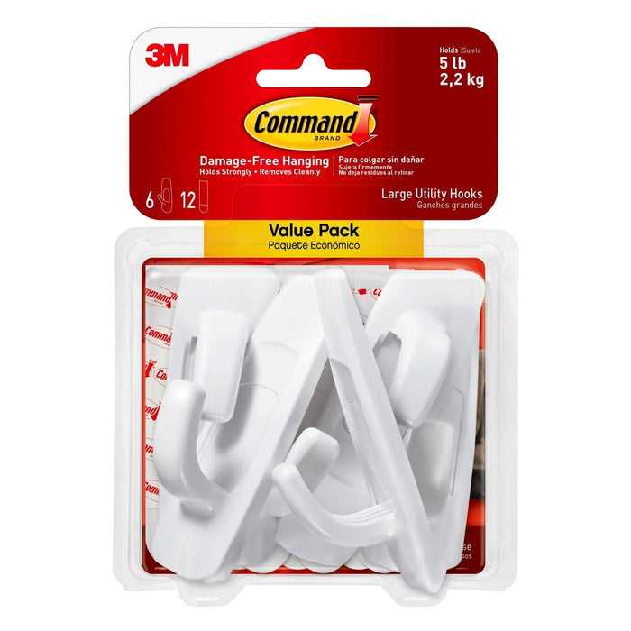 Command 6 Hooks 12 Strips Large Sized Utility Decorative Hooks Value Pack White