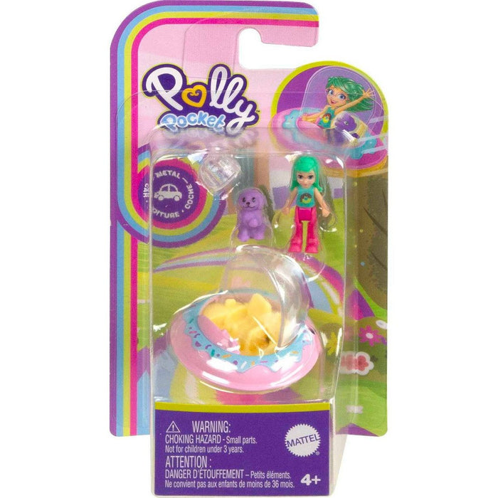 Polly Pocket Pollyville Micro Doll with Donut Spaceship and Helmet-Wearing Puppy