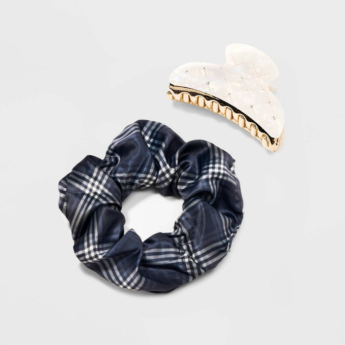Girls' 2pk Diamond Claw Clip and Plaid Twister Set - art class Black/White