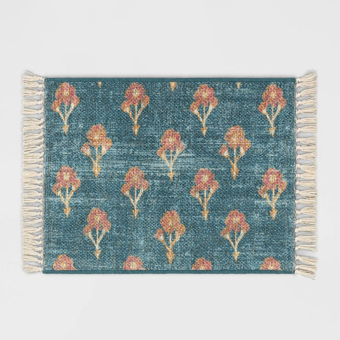 2'x3' Washable Floral Block Printed Accent Rug Blue - Threshold