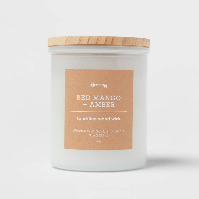 Milky White Glass Red Mango and Amber Lidded Wooden Wick Jar Candle 9oz - Threshold