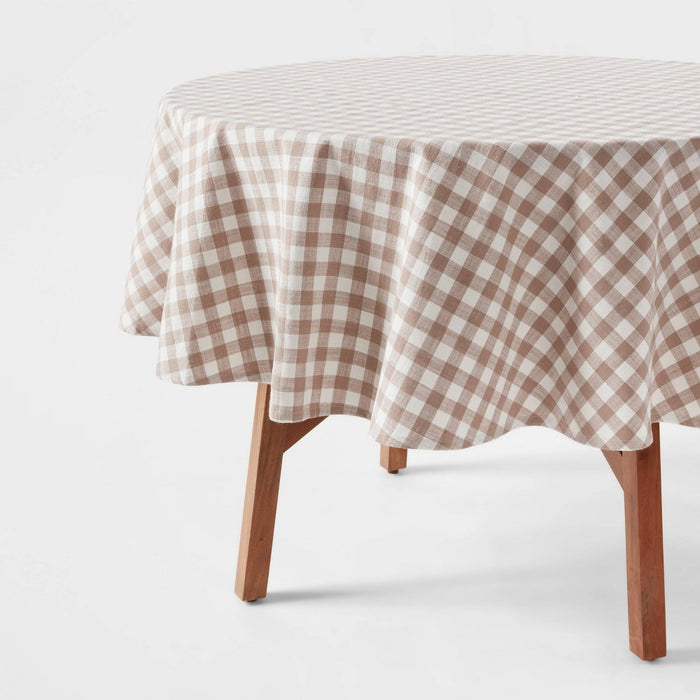 70" Cotton Gingham Round Tablecloth Taupe - Threshold