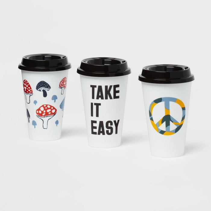 16oz Plastic 3pk Reusable Coffee Cup Assorted Designs - Room Essentials