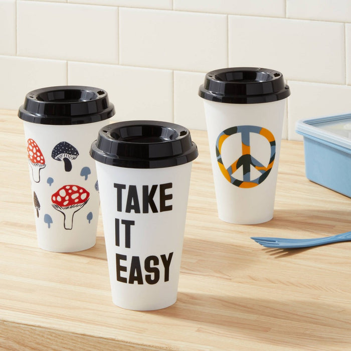 16oz Plastic 3pk Reusable Coffee Cup Assorted Designs - Room Essentials