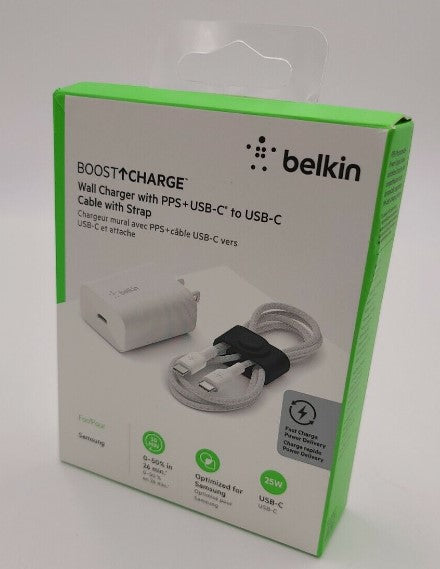 Belkin BoostCharge PD (25W) PPS USB-C Wall Charger with Braided C-C Cable and Strap