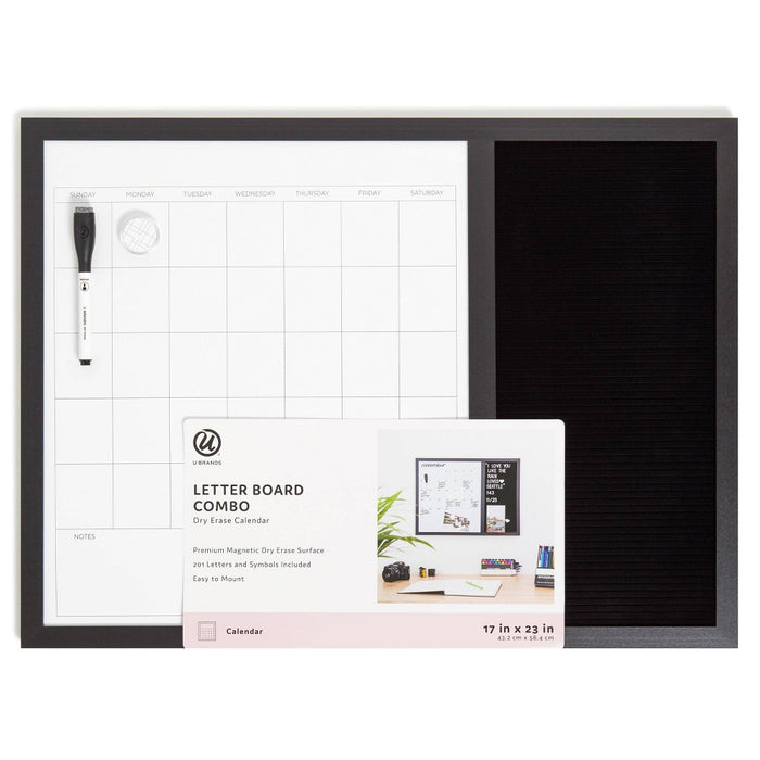 U Brands 17''x 23'' Wood Frame Dry Erase Calendar and Letter Board Combo Black