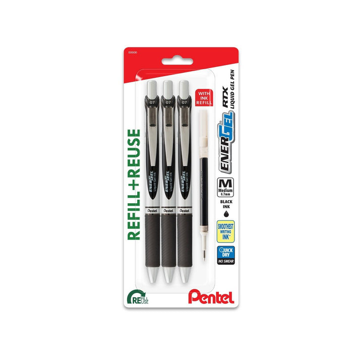Pentel EnerGel 3pk Gel Pen Black ink with +1 refill