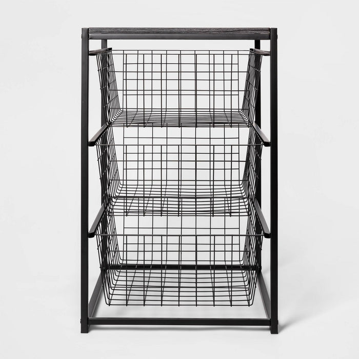 3 Drawer Organizer Black Metal with Black Oak Wood - Brightroom (LOCAL PICKUP ONLY)
