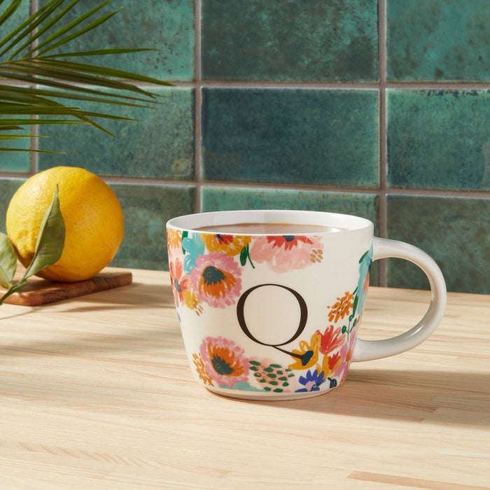 16oz Stoneware Monogram Floral Mug Q - Opalhouse