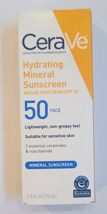 CeraVe Hydrating 100% Mineral Sunscreen for Face - SPF 50 -2.5 fl oz EXP:12/2027