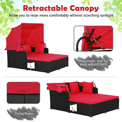 Patio Rattan Daybed Lounge Retractable Top Canopy Side Tables Cushions (LOCAL PICKUP ONLY)