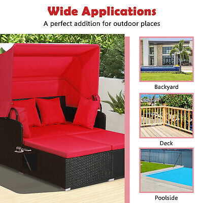 Patio Rattan Daybed Lounge Retractable Top Canopy Side Tables Cushions (LOCAL PICKUP ONLY)