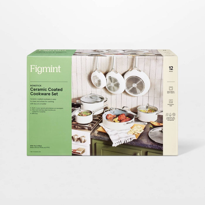 12pc Nonstick Ceramic Coated Aluminum Cookware Set Cream - Figmint (LOCAL PICKUP ONLY)