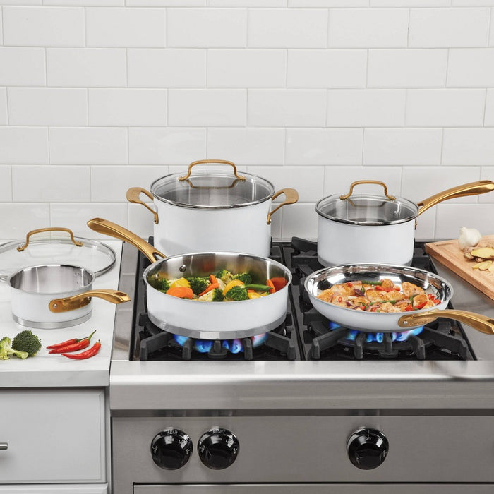 Cuisinart Classic 8pc Stainless Steel Cookware Set with Brushed Gold Handles Matte White (LOCAL PICKUP ONLY)