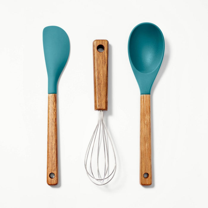 3pc Wood/Silicone Mini Utensil Set Green - Figmint