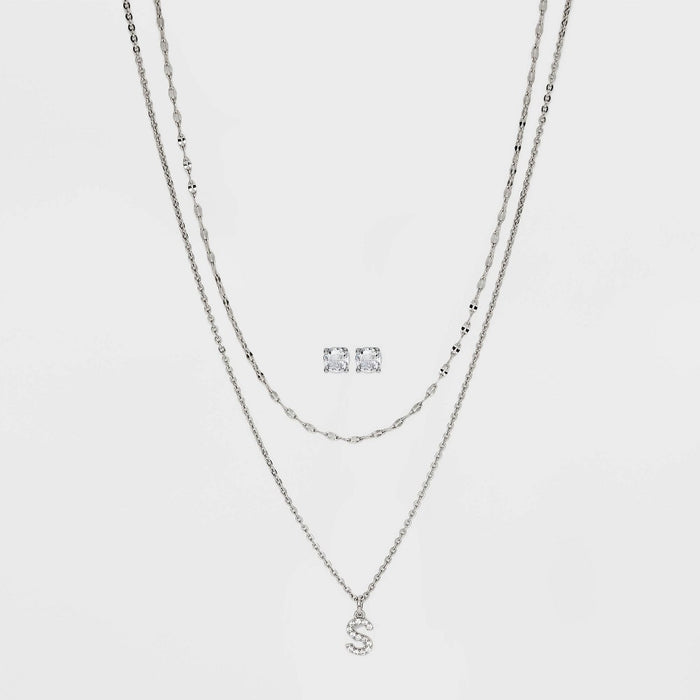 Silver Plated Cubic Zirconia Stud Earring and Initial "S" Multi-Strand Chain Necklace Set 2pc - A New Day Silver