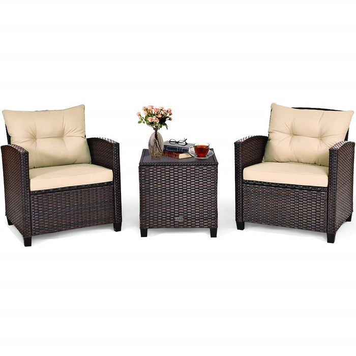 Tangkula 3 Pieces Patio Furniture Set, PE Rattan Wicker 3 Pcs Outdoor Sofa Set W/Washable Cushion And Tempered Glass Tabletop, Conversation Furniture For Garden Poolside Balcony (Beige) (LOCAL PICKUP ONLY)