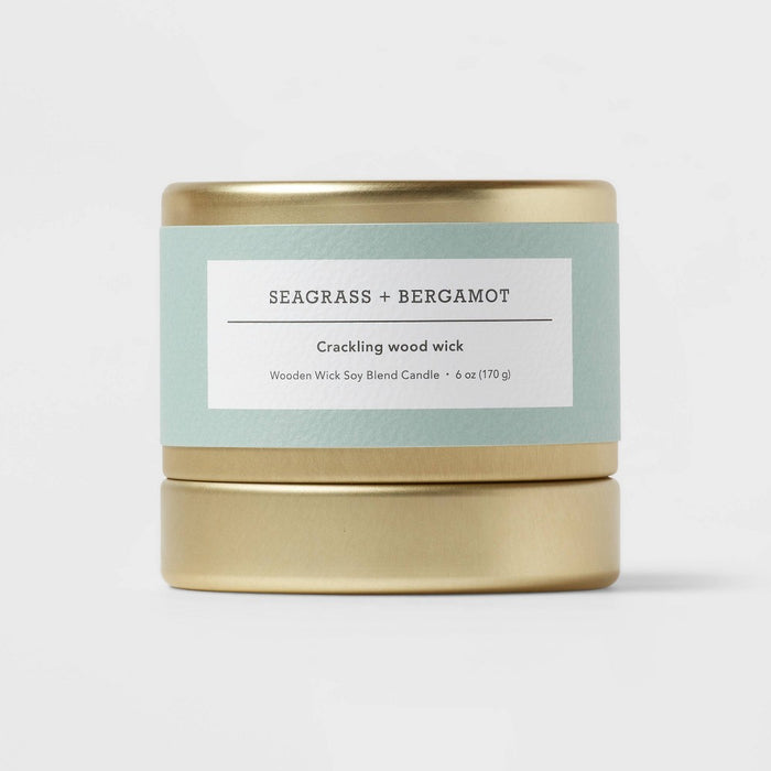 Inset Tin Seagrass + Bergamot Wood Wick Lidded Jar Candle Gold 6oz - Threshold