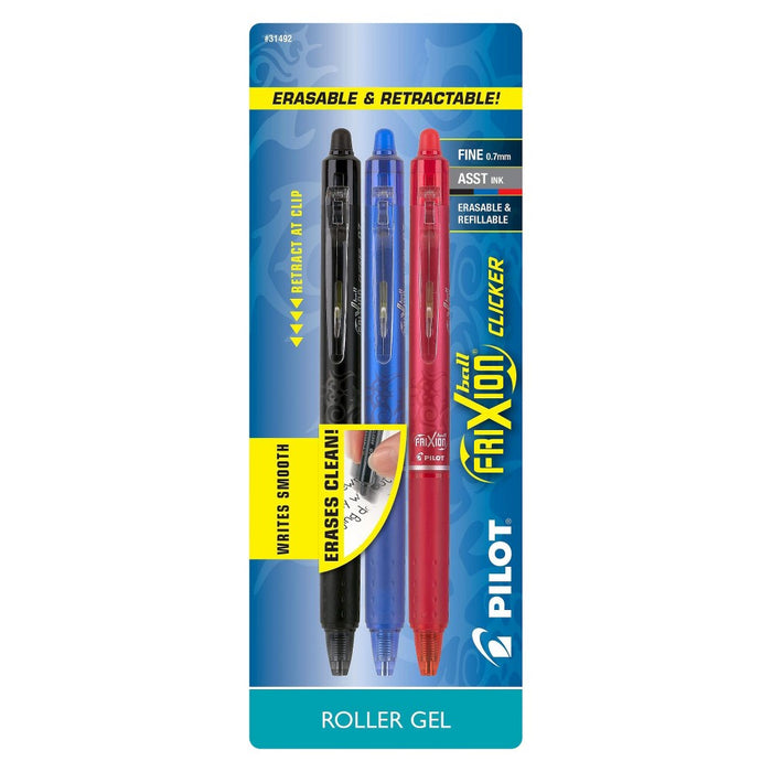 Pilot 3ct FriXion Clicker Erasable Gel Pens Fine Point 0.7mm Assorted Inks