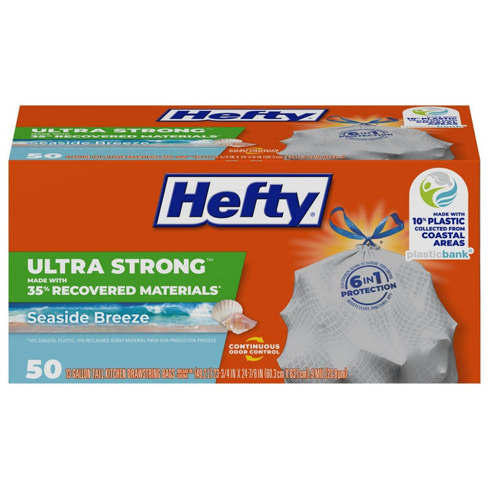 Hefty Ultra Strong Tall Kitchen Drawstring Trash Bags - Seaside Breeze - 13 Gallon - 50ct