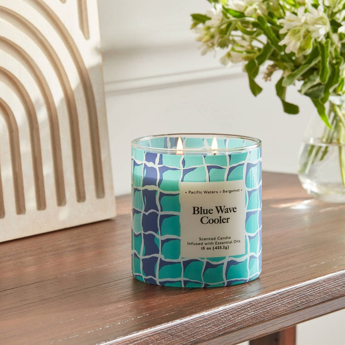 2-Wick 15oz Glass Jar Candle with Patterned Sleeve Blue Wave Cooler - Opalhouse