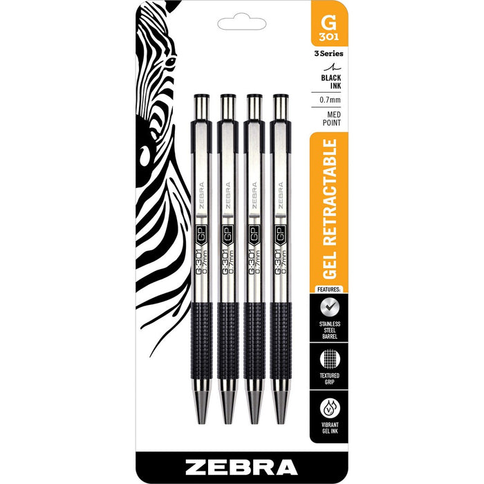 Zebra 4ct Gel Pens 0.7mm G-301 Stainless Steel Black
